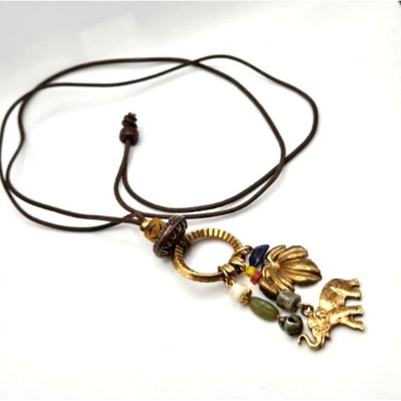 Brass Tone Y-Drop Charm Necklace on Cord with Elephant Bell Leaf and Bead Charms - Picture 2 of 5